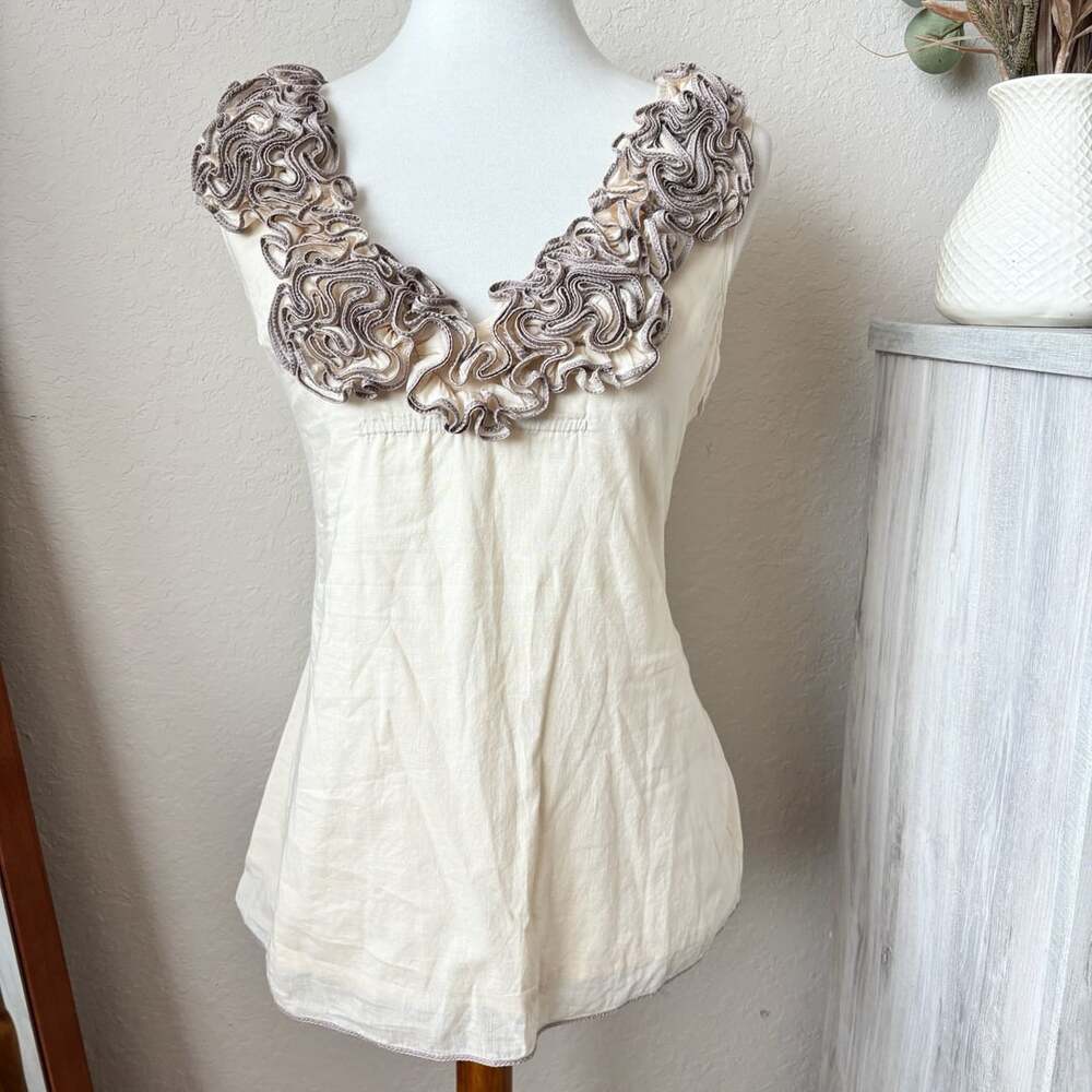Yoana Baraschi Ivory Ruffled Collar Boho Top Blouse Cottagecore Size M